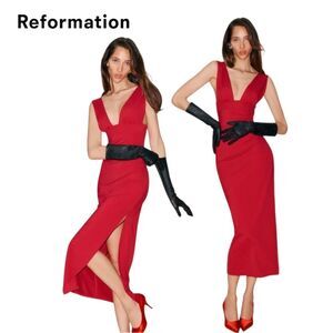 Reformation Red Varun Deep-V Backless Midi Event Dress with High Slit 0